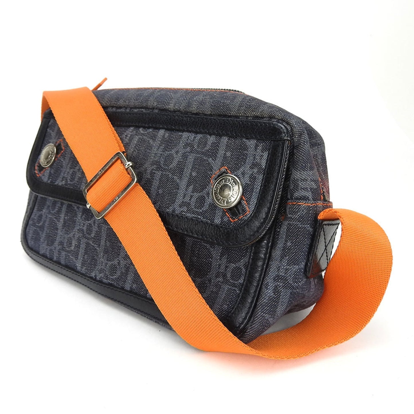 Christian Dior Navy Orange Denim Leather Shoulder Bag ()