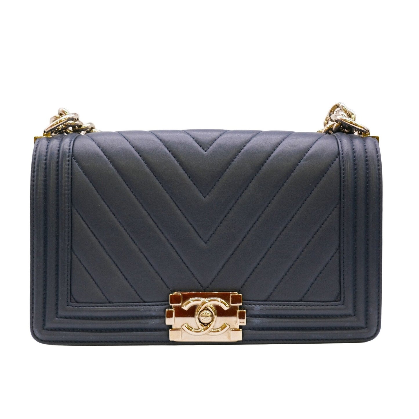 Chanel Boy Chanel V-stitch chain shoulder handbag dark navy blue with sticker