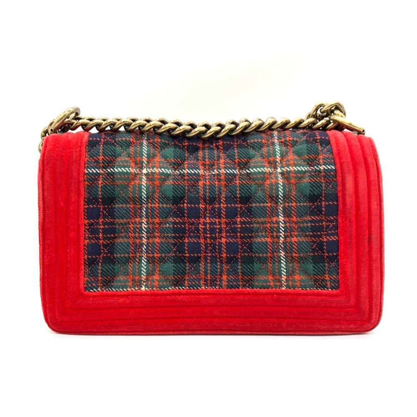 Chanel Bag Boy Chain Shoulder Red x Green Checkered Horizontal Women's Velour Canvas Chanel