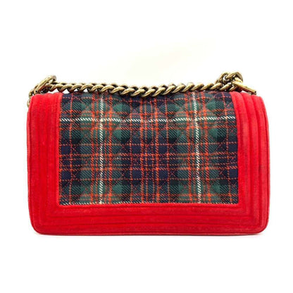 Chanel Bag Boy Chain Shoulder Red x Green Checkered Horizontal Women's Velour Canvas Chanel