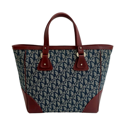 Christian Dior Navy Wine Canvas Leather Handbag Tote Bag Leather
