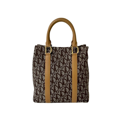 Christian Dior Beige Brown Leather Canvas Handbag