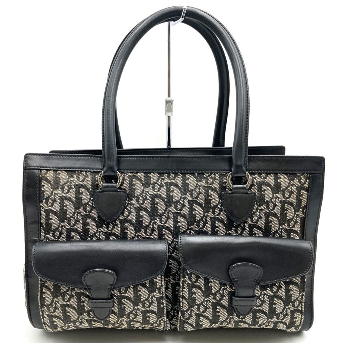 Christian Dior Black Canvas Leather Handbag Tote Bag Leather