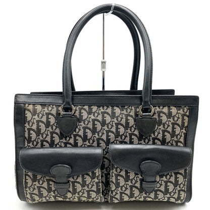 Christian Dior Black Canvas Leather Handbag Tote Bag Leather