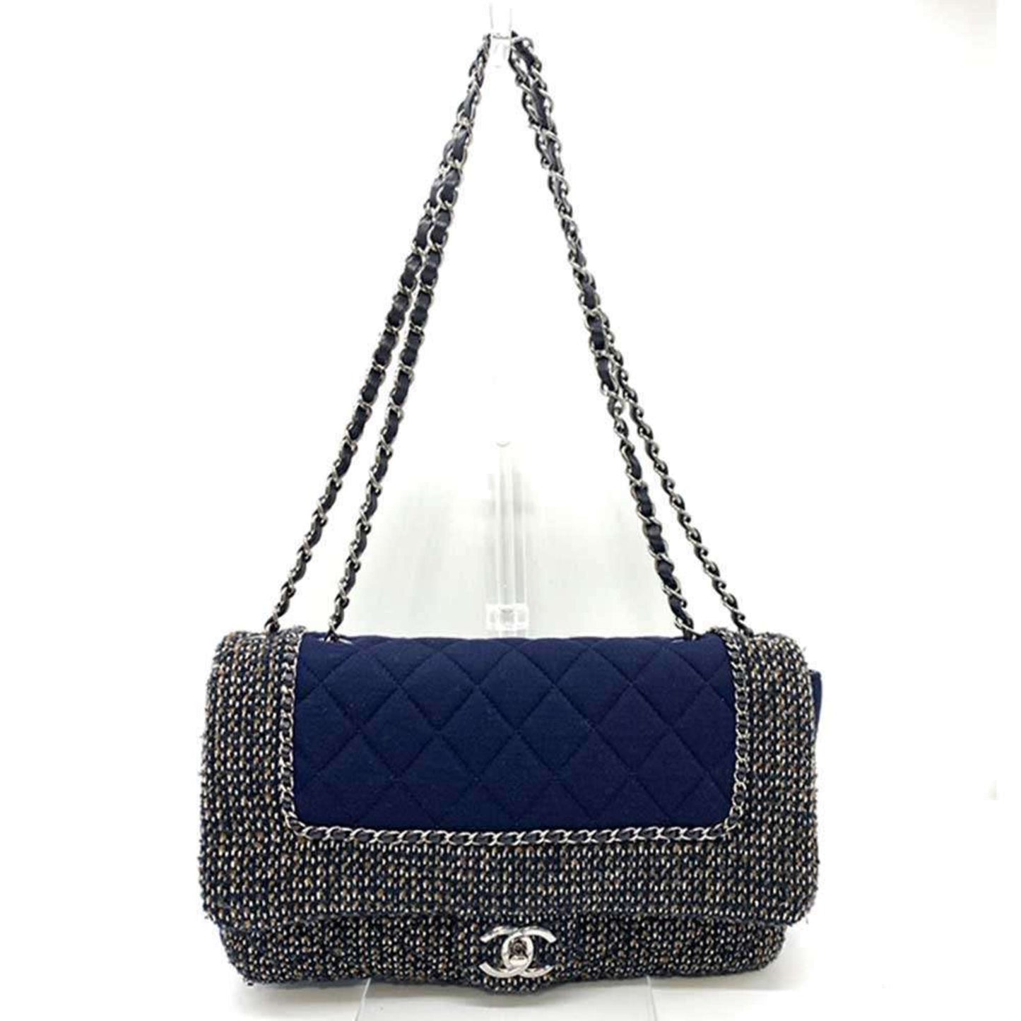 Chanel Bag Matelasse Chain Shoulder Navy Multicolor W Horizontal Women's Cotton Jersey x Tweed Chanel