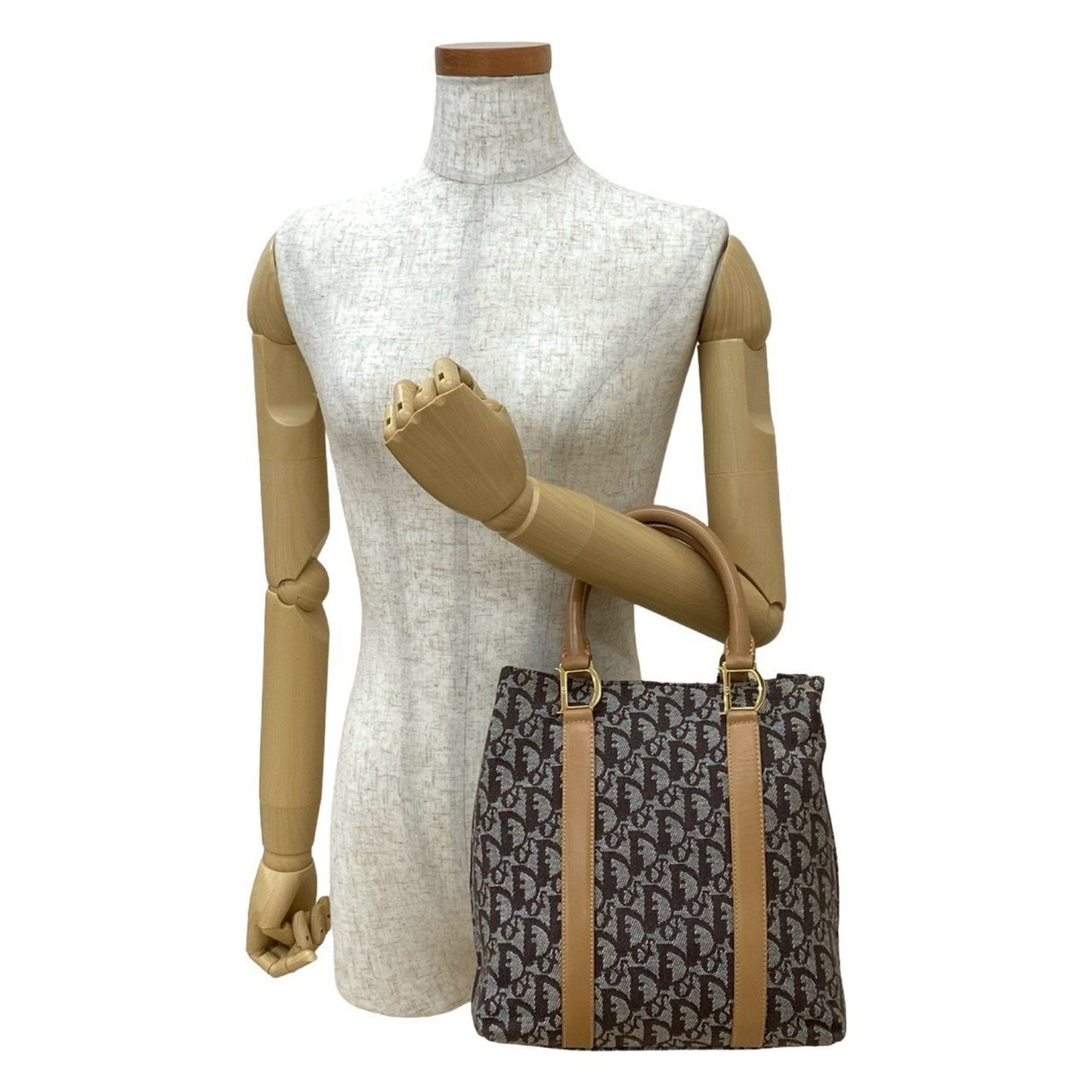 Christian Dior Beige Brown Leather Canvas Handbag
