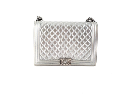 CHANEL Large Metallic Silver Quilted Boy Flap Bag