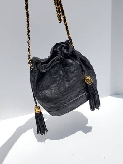 CHANEL 24k Gold Black Leather Quilted Bucket Bag