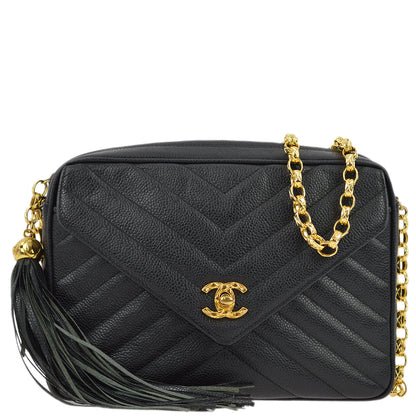 Chanel Black Caviar V Stitch Fringe Camera Bag Small