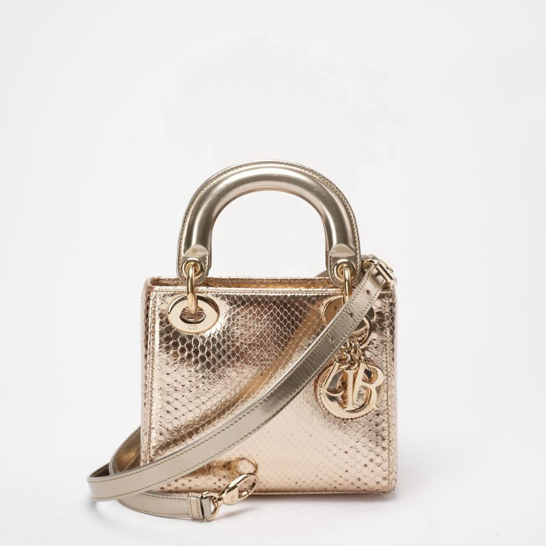 Dior Mini Lady Dior Bag Gold In Python Leather With Gold Hardware On