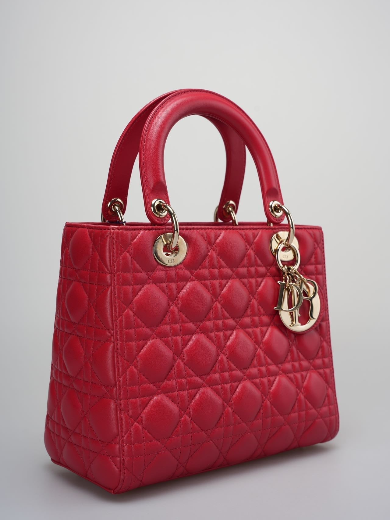 Christian Dior Red Medium Lady Dior Bag In Cannage Lambskin Leather With Gold Hardware