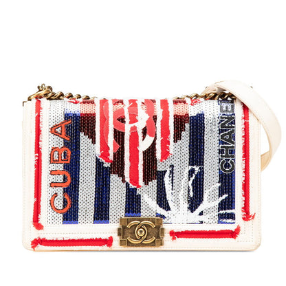 Chanel Boy Chanel Coco Mark CUBA Lambskin Sequin Canvas Shoulder Bag