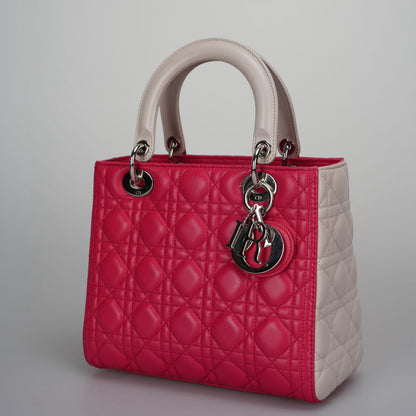 Christian Dior Lady Dior Bag Cannage Medium Handbag In Lambskin Leather Red White