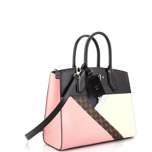 Louis Vuitton City Steamer Handbag Leather with Monogram Canvas MM