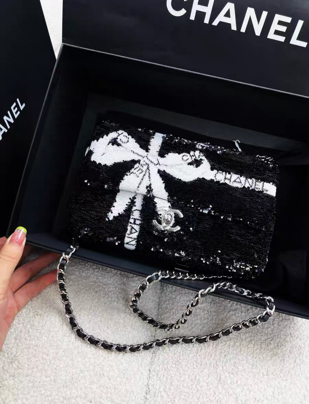 Chanel 24B Black And White Sequin Bow Silver Hardware Mini Flap Chain Bag
