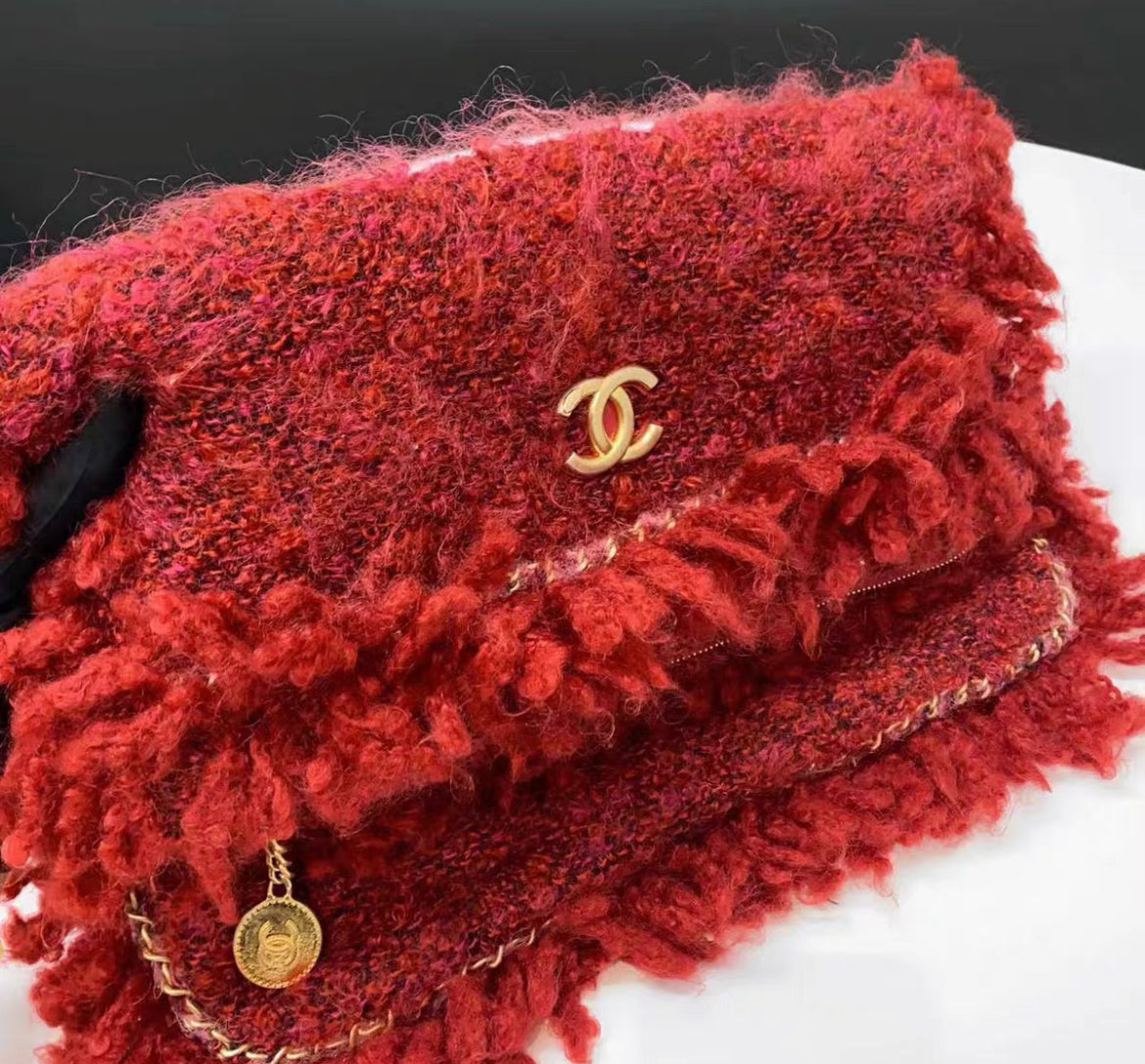 Chanel 17 Red Tweed Clutch Evening Bag