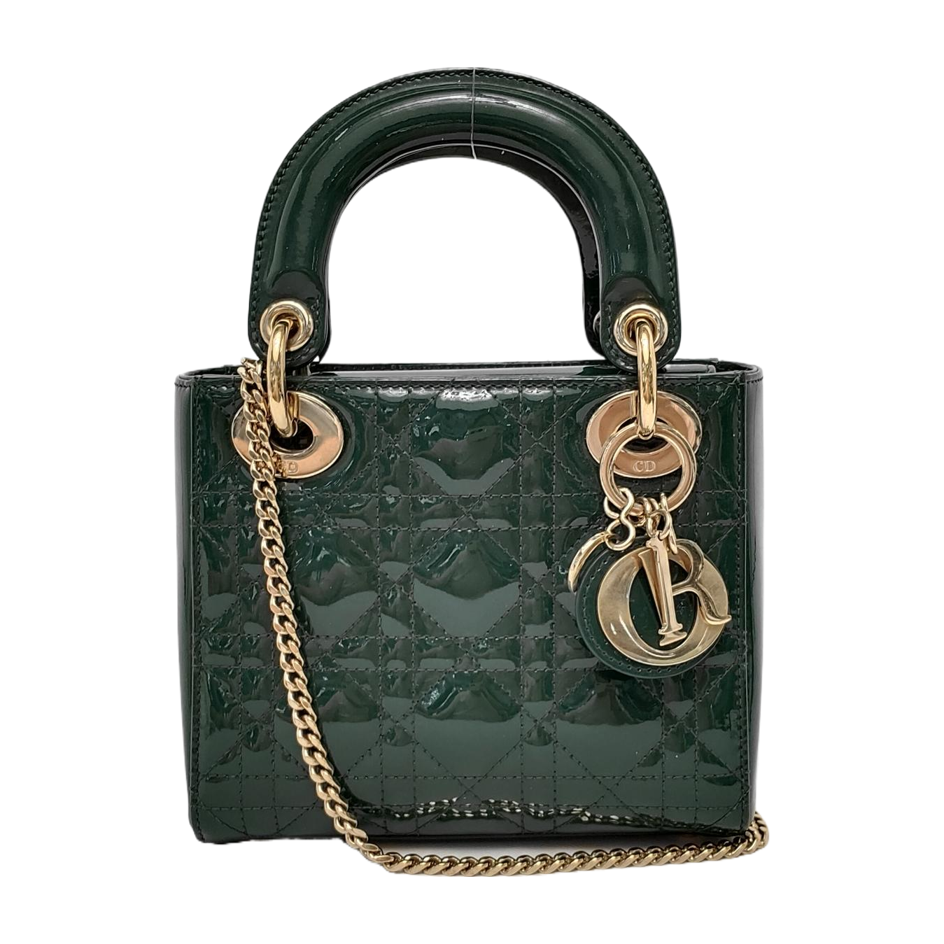 Lady Dior Mini Dark Green Patent Leather Bag with gold hardware Chain Strap