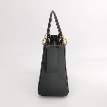 Lady Dior Medium Black Patent Leather Handbag with Gold Hardware