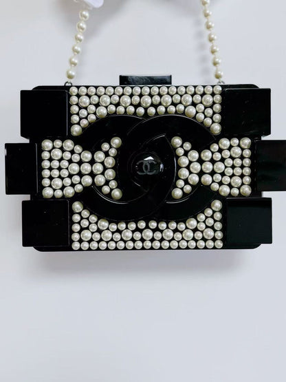 Chanel Runway White Pearl And Black Lego Clutch