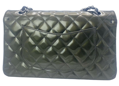 Chanel Medium Dark Green Straited Patent Leather Double Flap Timeless Classic Bag Shw