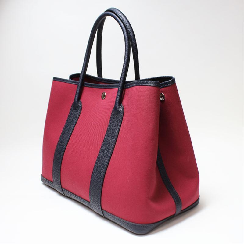 Luxury Hermes Rouge Moyen Garden Party Leather Pm Toile Tote