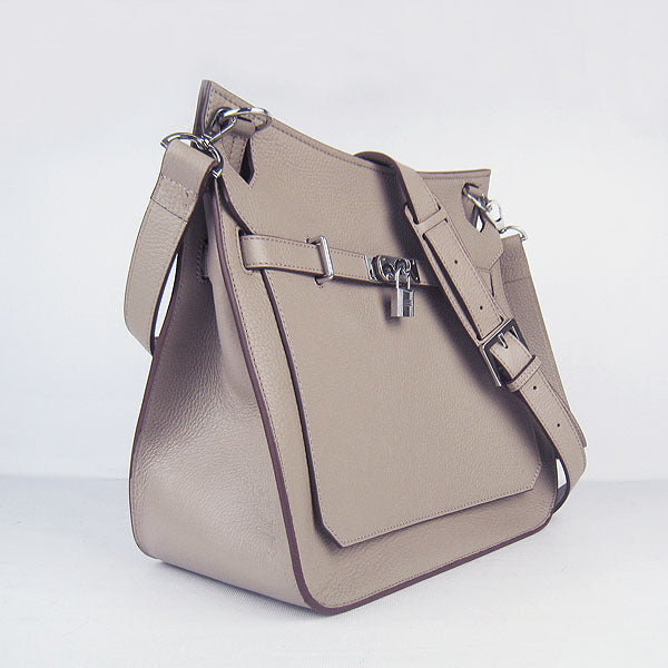 Luxury Hermes Leather Shoulder Bag Grey Silver