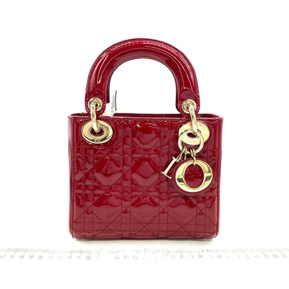 Lady Dior Mini Handbag Burgundy Red Patent Leather Gold-tone Chain Strap