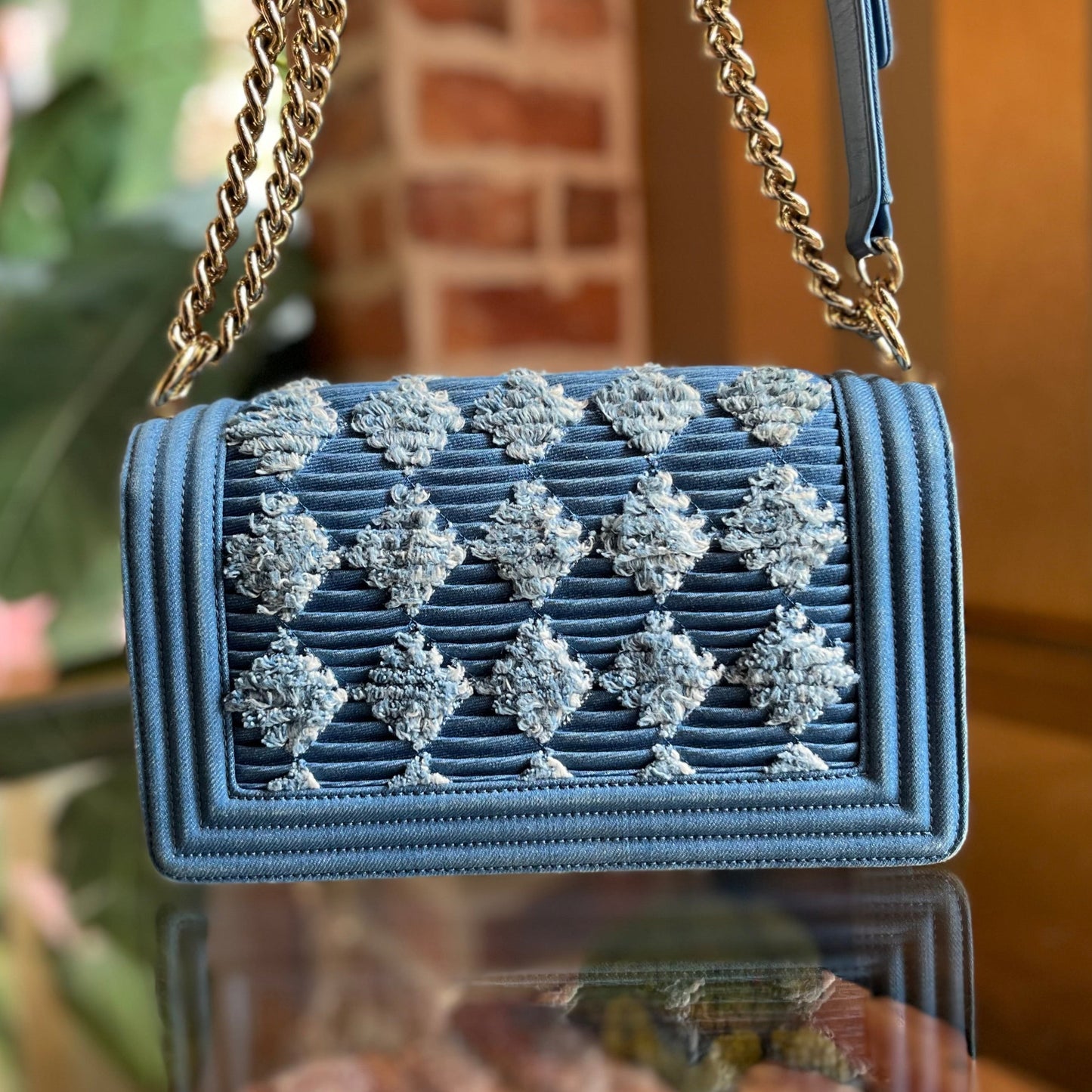Chanel Boy Flap Medium Light Blue Pleated Shoulder Bag