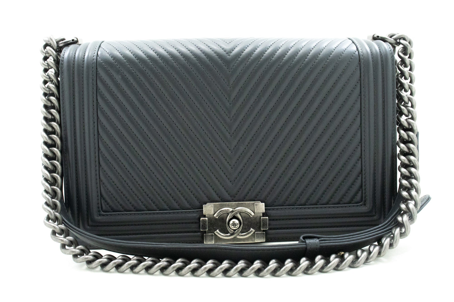 Chanel Boy Dark Gray V-Stitch Chain Shoulder Bag Quilted Flap