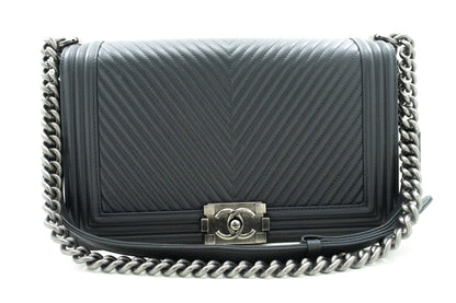 Chanel Boy Dark Gray V-Stitch Chain Shoulder Bag Quilted Flap
