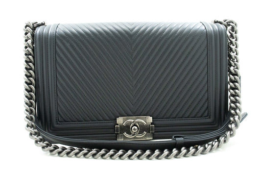 Chanel Boy Dark Gray V-Stitch Chain Shoulder Bag Quilted Flap