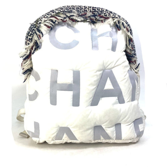Chanel Backpack A91933 Nylon, Tweed white fringed bag Doudone