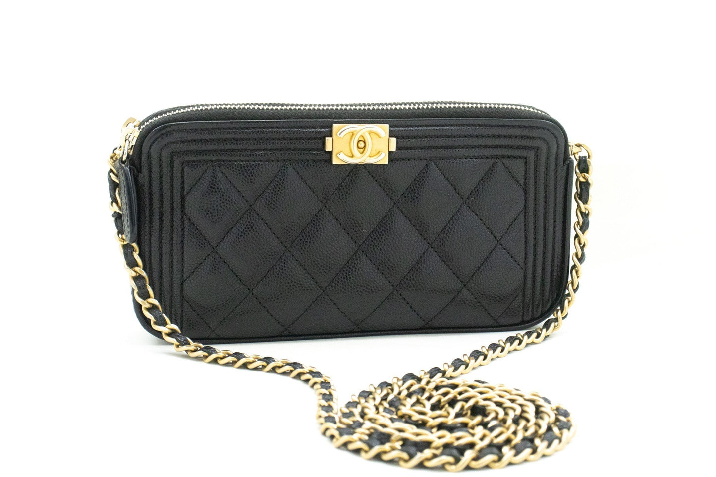 Chanel Boy Black Caviar Wallet On Chain WOC Double Zip Shoulder