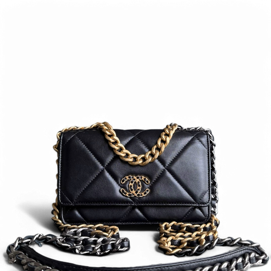 Chanel C19 WOC - 19 Bag Wallet On Chain Quilted Lambskin Black Two Tone Gold Hardware Microchip