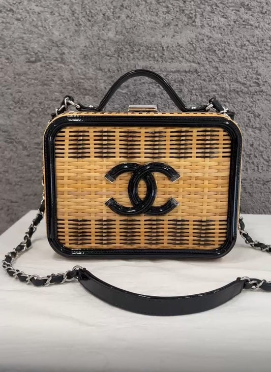 Chanel Vanity Case Beige Black Rattan Patent Calfskin Silver-Tone Metal