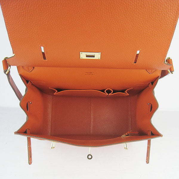Luxury Hermes Leather Shoulder Bag Orange Golden