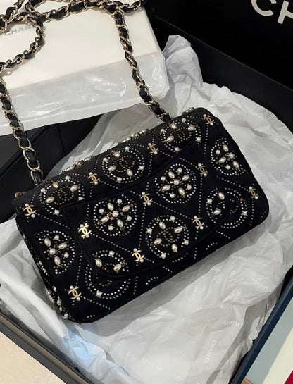 Chanel 2020 Black Velvet Imitation Pearl Strass Cc Embellished Rectangular Mini Classic Flap Gold Hardware