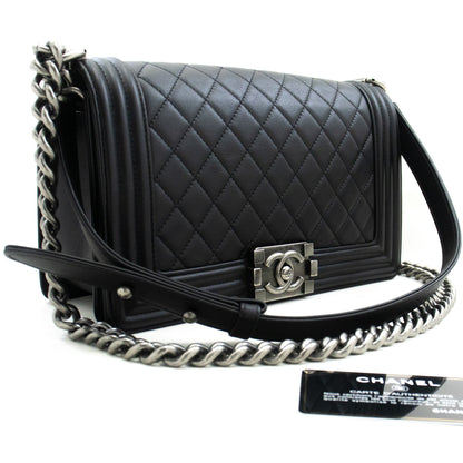 Chanel Boy Chain Shoulder Bag Black Quilted Flap Calfskin Leather