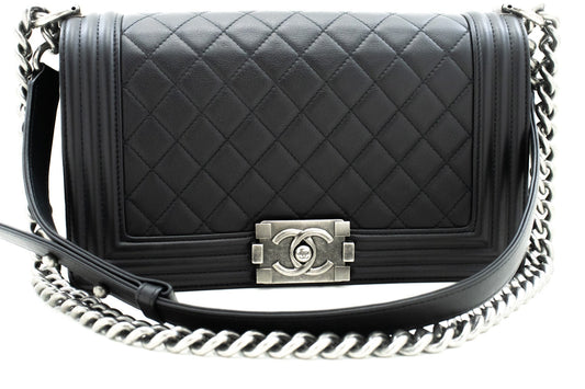 Chanel Boy Chain Shoulder Bag Black Quilted Flap Calfskin Leather
