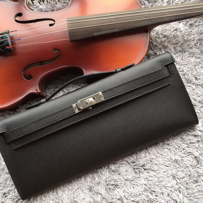 Luxury Hermes Black Handcrafted Kelly Cut Clutch