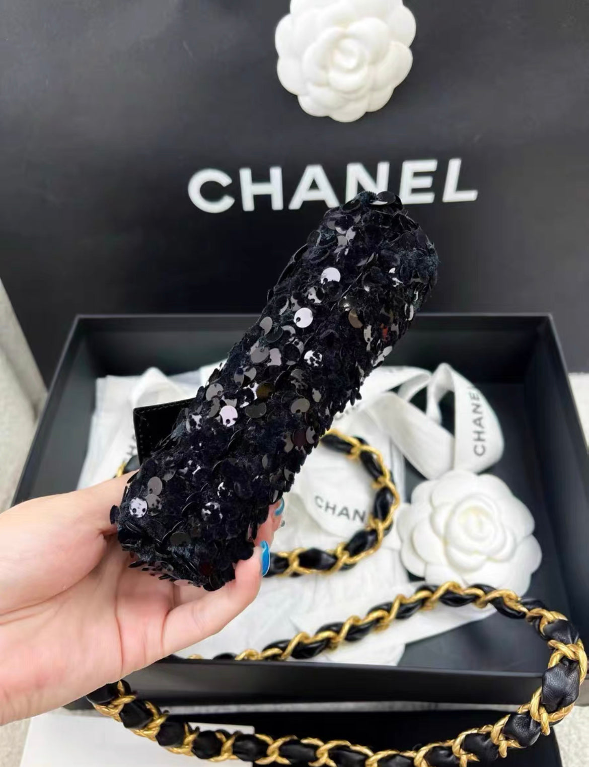 Chanel Metiers D Art 24A Black Sequin Tweed Evening Mini Clutch Bag With Bow