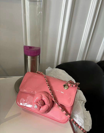 Chanel 23K Pink Patent Leather Camellia Large Mini Shoulder Bag
