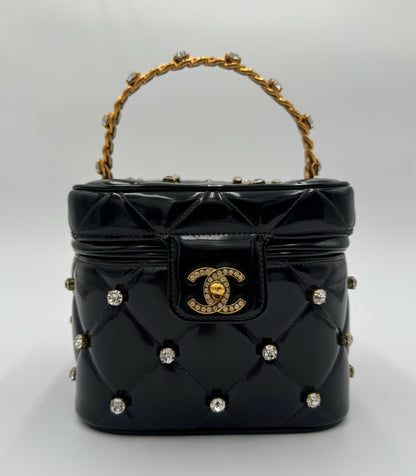 Chanel 1995 Barbie Black Rhinestone Heart-Mirror Vanity Case Bag
