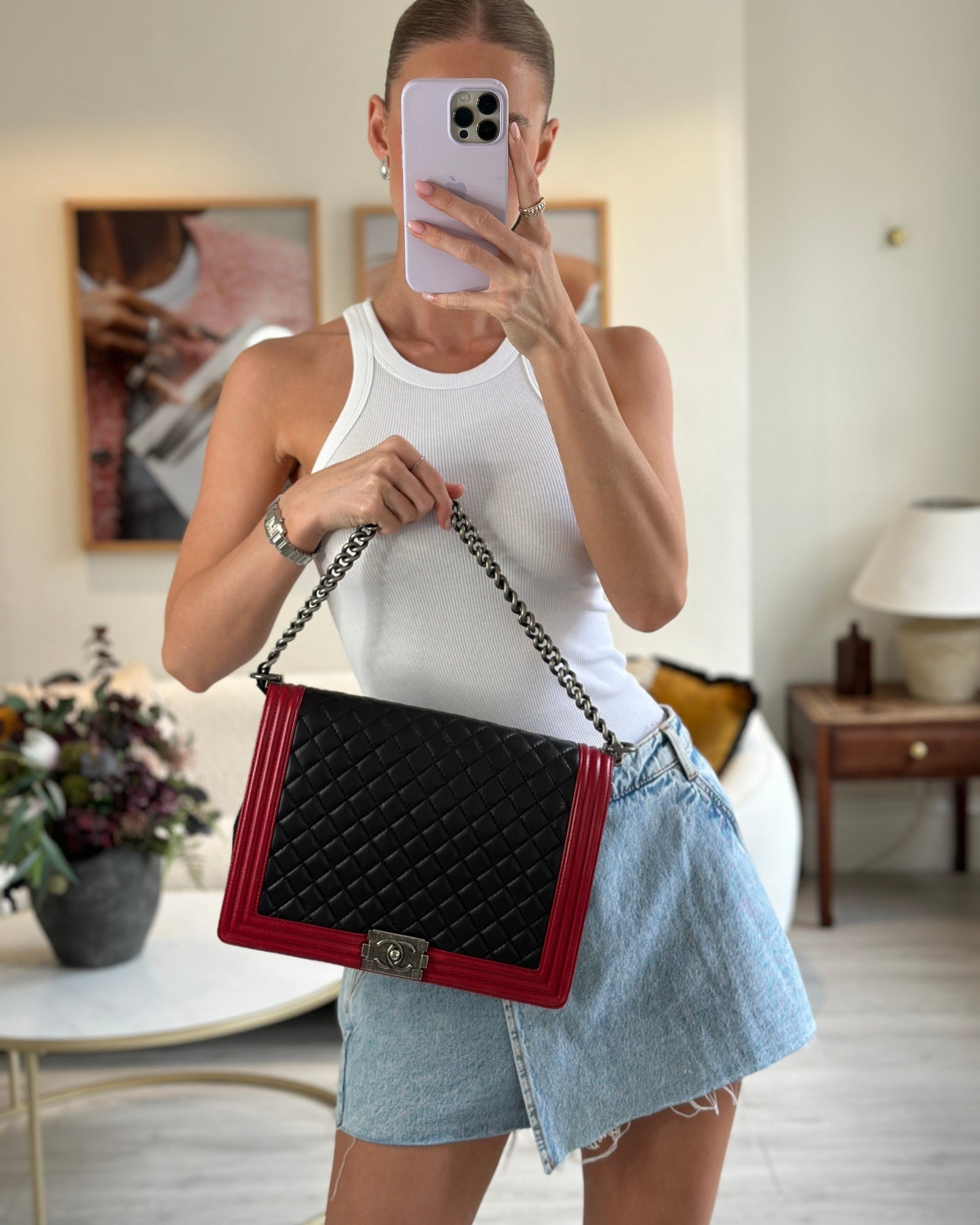Chanel Boy Large Lambskin Leather Black Red Handbag Style