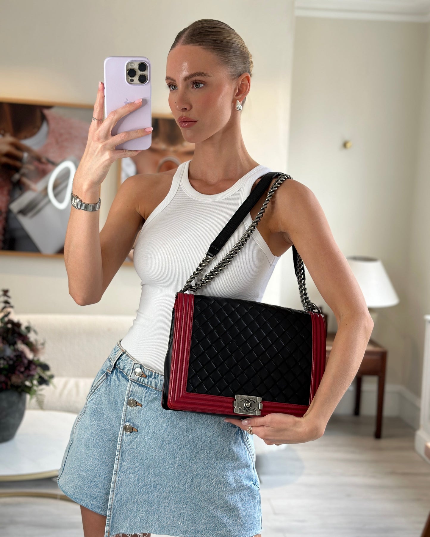 Chanel Boy Large Lambskin Leather Black Red Handbag