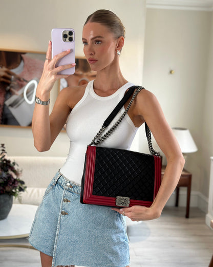Chanel Boy Large Lambskin Leather Black Red Handbag