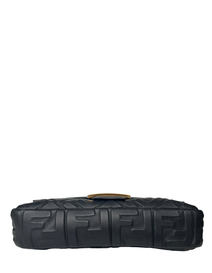 Fendi Black Nappa Embossed Logo FF 1974 Medium Baguette NM Bag w/ Two Straps