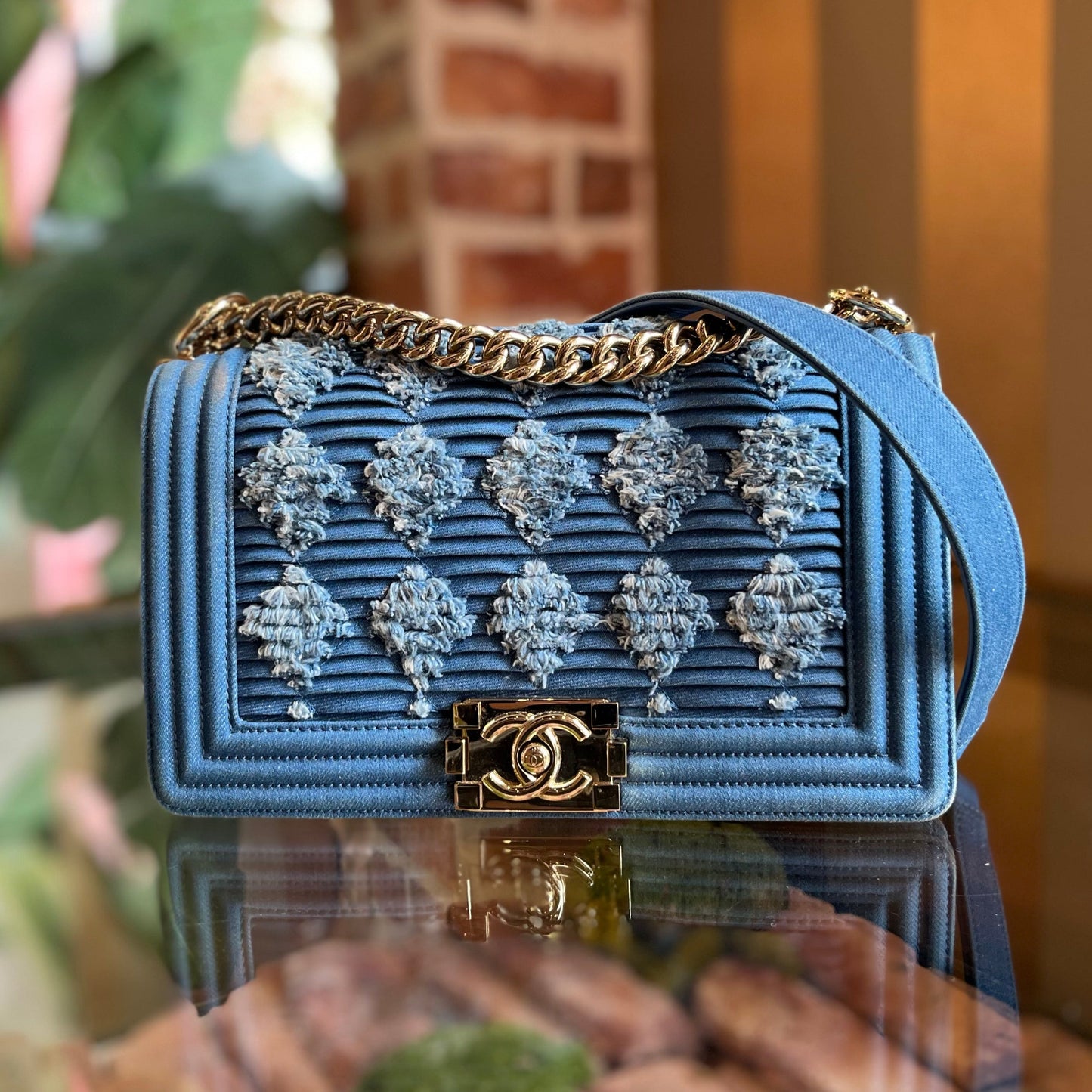 Chanel Boy Flap Medium Light Blue Pleated Shoulder Bag