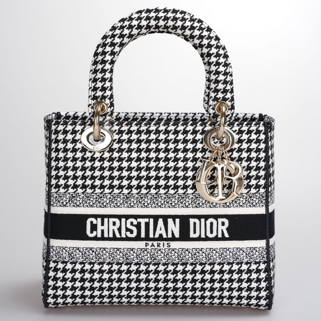 Christian Dior Black White Houndstooth Canvas Medium Lady D-Lite Bag