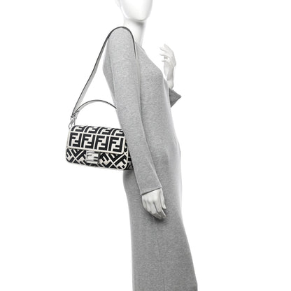 Fendi Canvas Vitello King FF Embroidered Baguette White Black